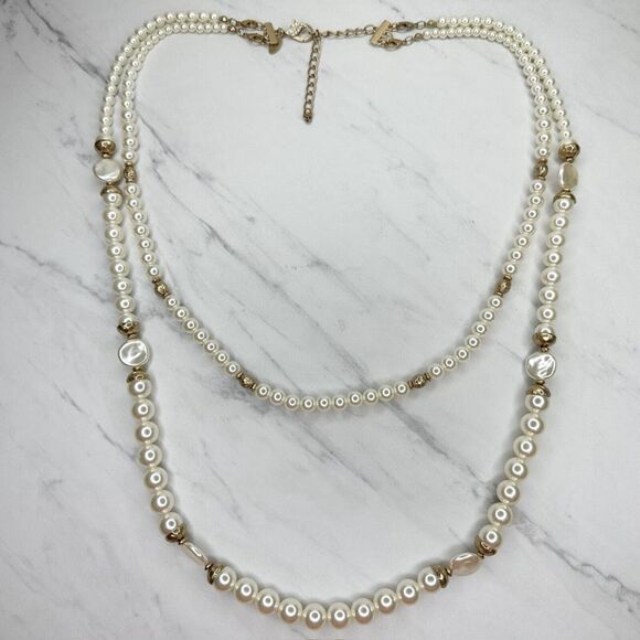 Chico's Layered Double Strand Chunky Faux Pearl Beaded Long Gold Tone Necklace - Picture 2 of 14